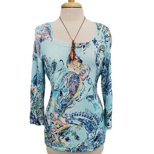 Chico's Womens 1 Blue Multicolor Paisley Lightweight Knit Top‎ 3/4 Sleeve Blouse